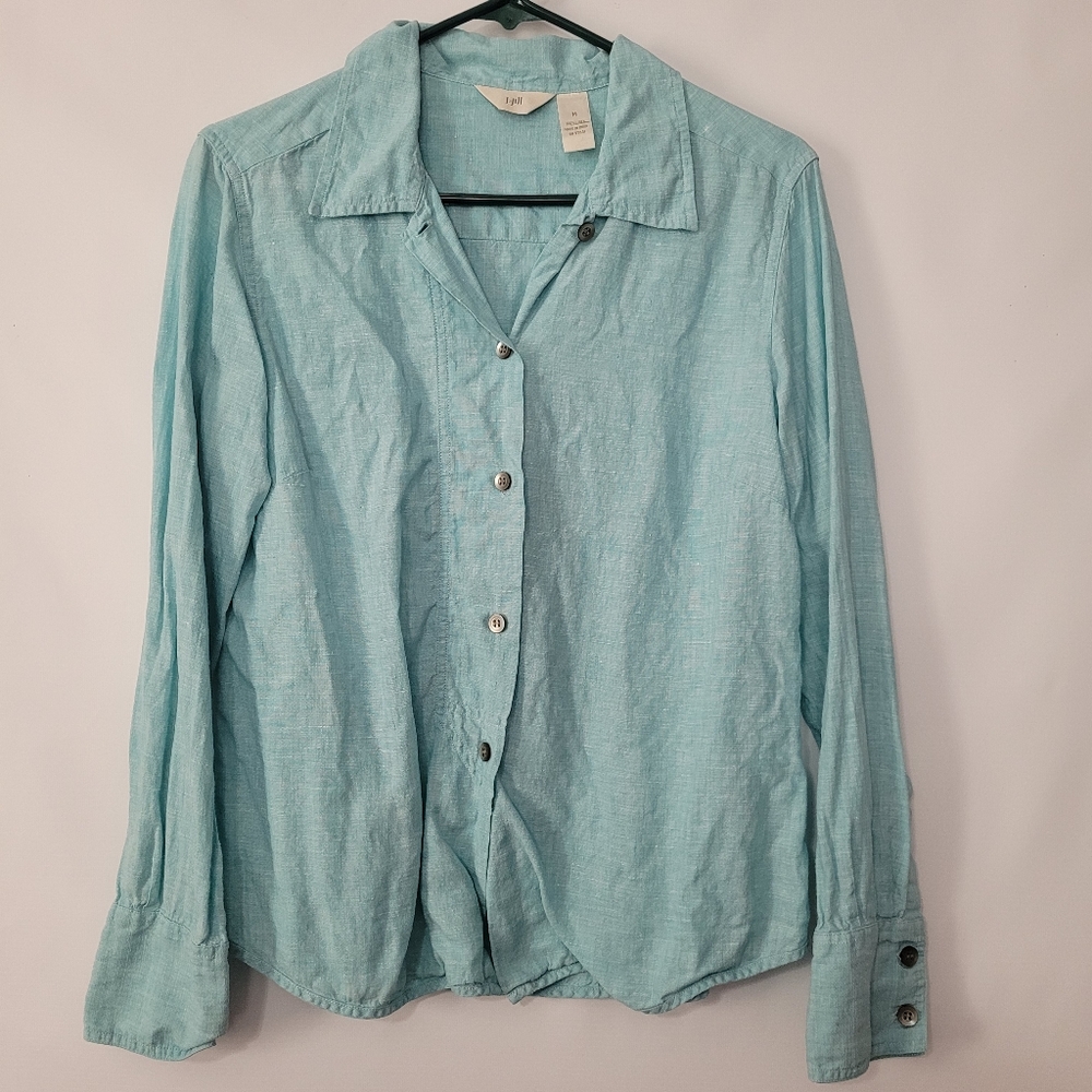 J.Jill Aqua Blue Linen Button Front Long Sleeve Shirt Womens size Medium M
